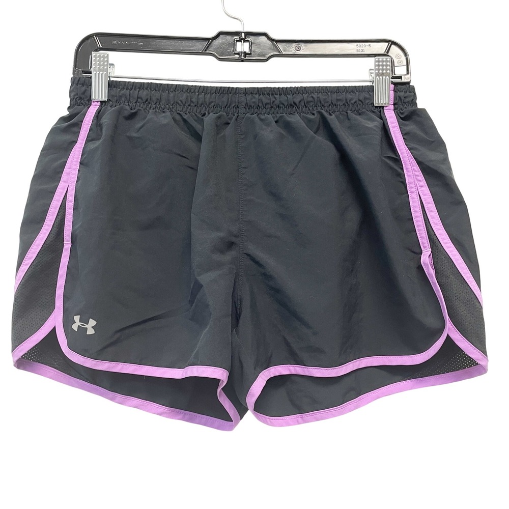 Under Armour Womens Black Purple HeatGear Mesh Trim Running Shorts Size Medium